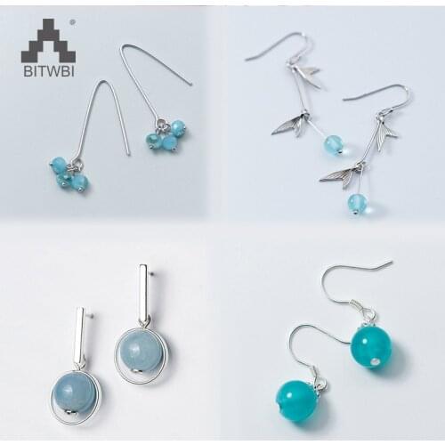 925 Sterling Silver Round Natural Blue Crystal Stone Fashion Jewelry Long Tassel Fish Tail Drop Earrings for Women