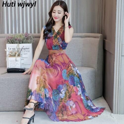 2021 Summer Floral Chiffon Beach Boho Maxi Dresess Women Vintage Oversize Sundress Bodycon Casual Party Sexy Sleeveless Vestidos