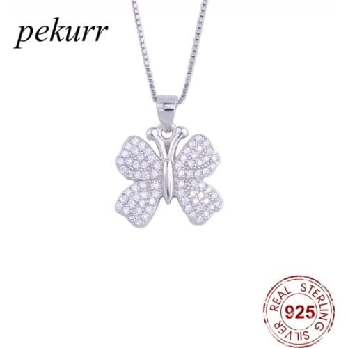 Pekurr 925 Sterling Silver Crystal Luxury Butterfly Necklaces For Women Zircon Butterfly Pendants Wedding Fashion Jewelry
