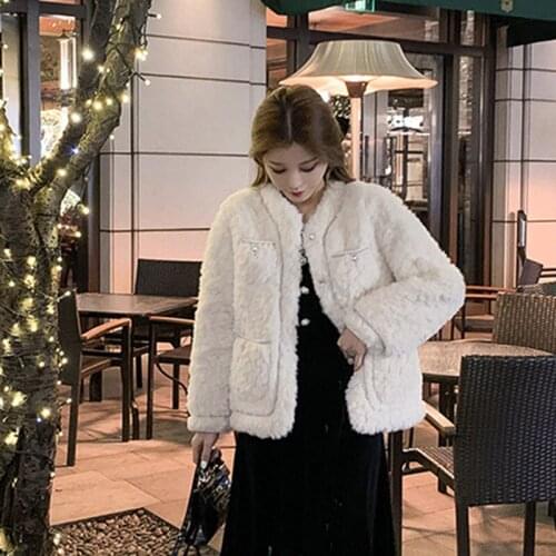 Herstory Autumn Winter 2021 Woman Korean style Coat Synthetic Fur Pockets Fluffy Warm Fashion Sweet Elegant Fur Coat abrigo
