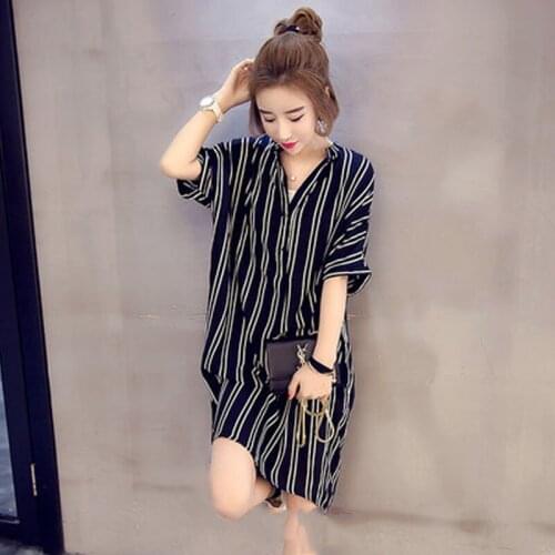 2020 Summer Korean Style Women Dresses Striped Ladies Shirts Half Sleeve Robe V-Neck Loose Long Desses Brand Clothes Plus Size
