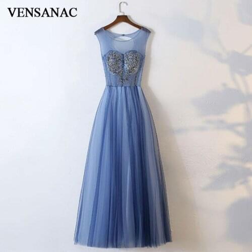 VENSANAC New 2017 Crystal Sequined O Neck Long Evening Dresses Sleeveless Elegant Lace Draped Party Prom Ball Gowns