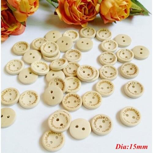100pcs 15mm 2 Holes Natural Color Wooden Buttons Handmade with Love Sewing Scrapbooking For Decor Scrapbooking