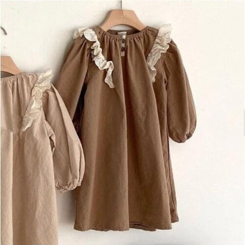 2020 Korea Spring and Autumn Girls Cotton and Linen Lace Long-Sleeved Princess All-match Cute A- line Dress
