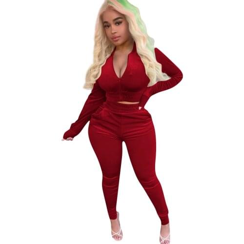 Velvet Tracksuit Women Two Piece Set Autumn Clothes Solid Long Sleeve Zipper Crop Top And Pants Suit Velour Casual Outfit 2021