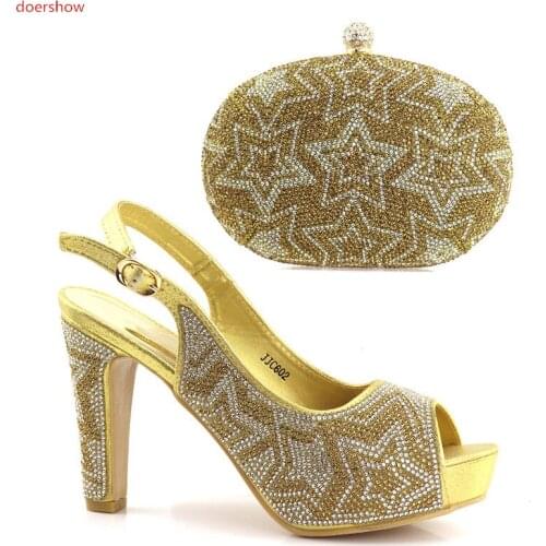Doershow gold African Shoes and Matching Bags Italian Rhinestone Shoe and Bag Set High Quality Nigerian Shoes and Bag Set UL1-3