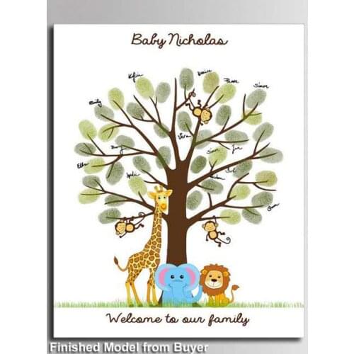 Infant baptism birthday party fingerprint DIY creative sign in tree animal character name and dates of painted custom decoration