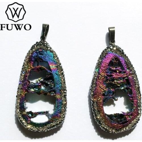 FUWO Fashion Titanium Druzy Slice Pendant With Pave Crystal Natural Geode Quartz Rainbow Plated Pendant Wholesale PD1543