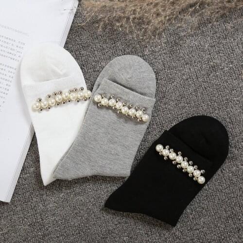 New Simulation Pearl Pure Color Simple Middle Tube Socks Korean Style Cotton Women Socks Wholesale 10pair/lot