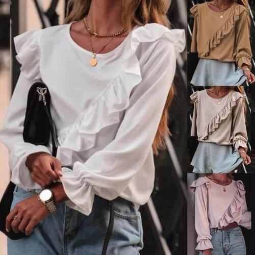 Autumn Women Long Sleeve Ruffles T-shirt Tunic Top Flounce Pleated Office Blouse Women Clothing