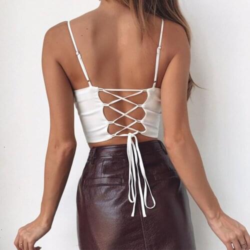 Bandage Sexy Crop Tops Women U Neck Spaghetti Strap White Black Club Wear Cropped Summer Tops With Chest Pads Camis Streetwear