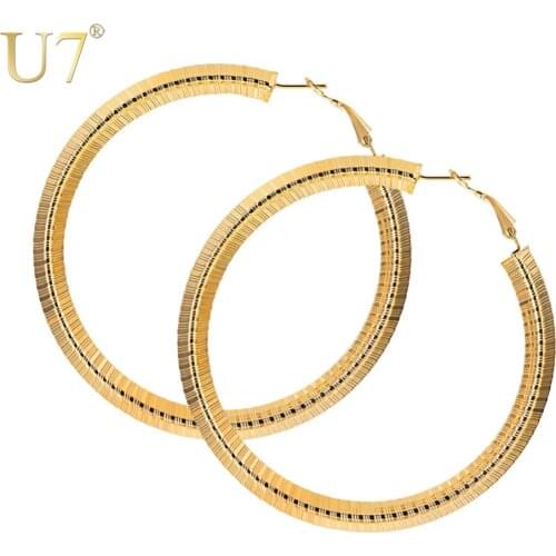 U7 Vintage Large Hoop Earrings for Women Easy Push-back Clasp Stainless Steel Circle 70mm Fashion Earrings Jewelry Gifts E1015