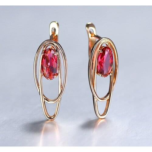 585 Rose Gold Geometric Oval Ruby Stone Drop Dangle Earrings for Women Girls Fashion Wedding Party Jewelry Gifts HGE349