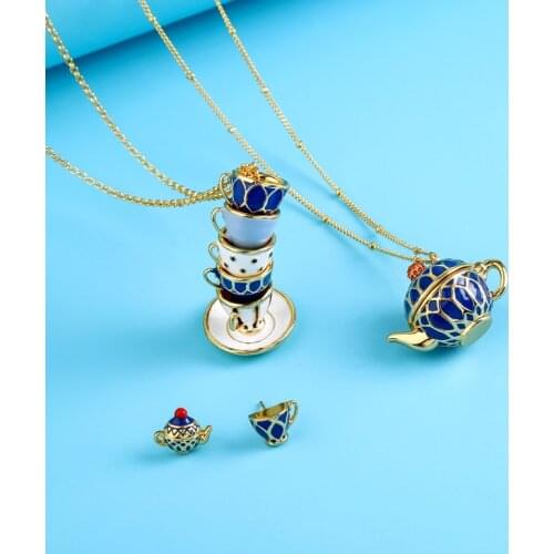 Blue White Color Enamel Tea cup teapot Pendant Earrings Ear Stud Long Chain Necklace 2021 New Design For Women Jewelry