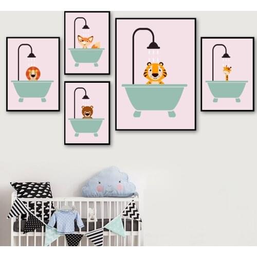 Elephant giraffe lion fox hippo Bear Bathtub Nursery Wall Art Prints Canvas Painting toilet Poster Wall Pictures Kids Room Decor