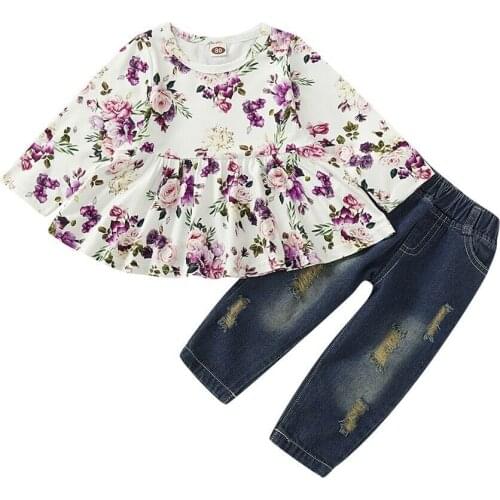 Toddler Baby Girl Floral Tunic Tops Long Sleeve Ruffle Floral Tunic Shirt Ripped Hole Jeans Denim Pants Spring 2Pcs