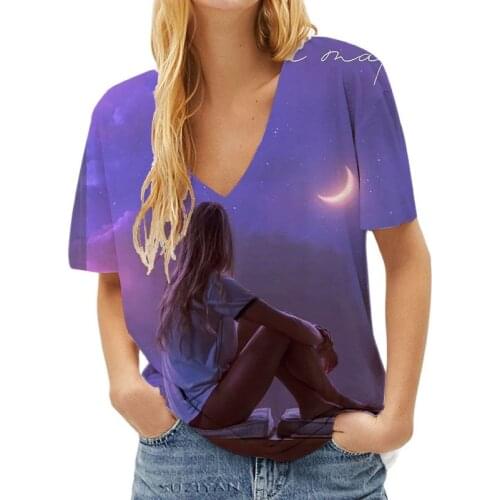 New Printing Womens T-shirt Creative For Woman Romantic Fantasy Universe Starry Sky Landscape 3D Ladies Casual V-neck Tops