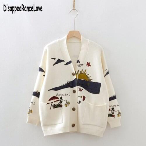 Women Cardigans Cartoon Sun Embroidery Casual Knitted Sweater 2021 Winter Long Sleeve V-neck Button Preppy Style Top