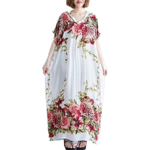 Uego V-neck Soft Cotton Thin Loose Summer Dress Print Floral Plus Size 5XL 6XL Bohemia Long Maxi Dress Women Beach Casual Dress