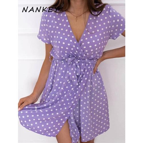 NANKEY V-neck Print Vintage Violet Purple Dress Women Lace up Short Sleeve High Waist Knee Length Dress Summer Elegant Lady Robe