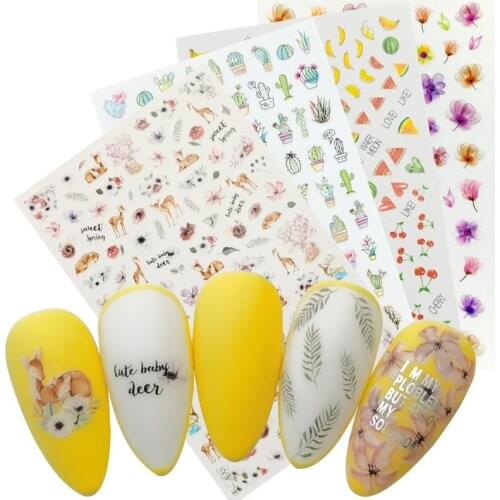 1 Sheet Deer Fruit Cactus Fower Leaf 3D Self Adhesive Nail Sticker Transfer Decals Manicure Decorations DIY Stickers