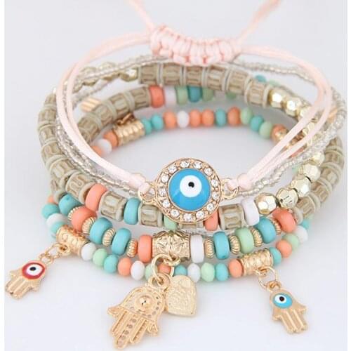 2019 Kabbalah Fatima Hamsa Hand Blue Evil Eye Heart Charm Bracelets & Bangles Multilayer Beads Turkish Pulseras For Women