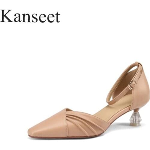 Kanseet Shoes Women Sandals Summer Shallow Strange Style Crystal Heels Genuine Leather Prom Party Mid Heels Buckle Women Heels