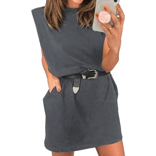 Summer Women Dress Sleeveless Solid Color O Neck Pockets Loose Mini Dress with Belt Sexy Party Mini Dress Women 2021