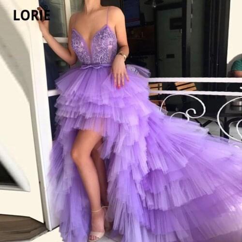 LORIE Lavender Evening Dresses Arabic Spaghetti Strap Appliques High Low Prom Gown Tiered Pageant Party Dress for Graduation
