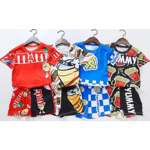 Fashion Kids Summer Clothes Set Cartoon M Short Sleeve Tops Suit Hamburger French Fries Christmas Outfit Boutique Kid Clothing