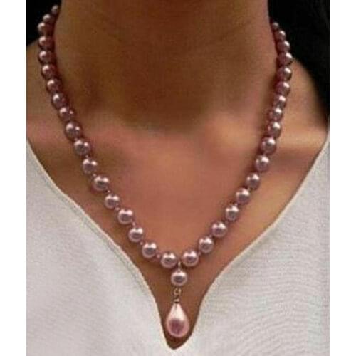 Natural 8mm Round South Sea Shell Pearl & 12x16mm Drop Pendant Necklace 18''AAA