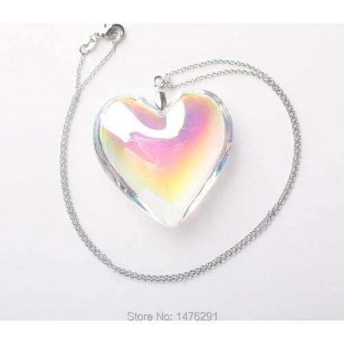 Charming AB Clear White Crystal Glass Heart Bead Pendant & Chain Necklace 18"L