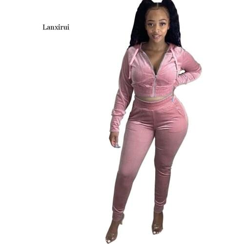 Fall and Winter new hooded zipper solid Suede velvet Casual sexy tracksuit crop tops leggings jogger pants two-piece set