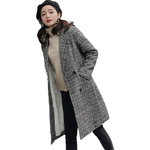 Fashion houndstooth womens flocking warm woolen coat in the long section 2019 new wild straight woolen coat female trend ladies
