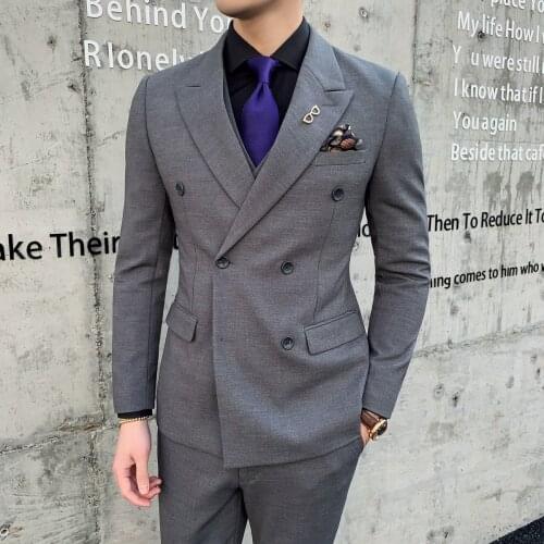 Jackets+Vest+Pants Suits Double-breasted Groom Wedding Dress Formal Suits Set High Quality Men Boutique Wool Casual Business