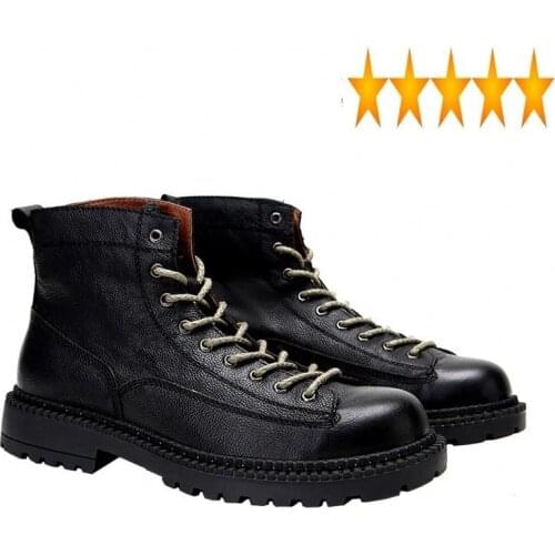 High-Top England Style Tooling Boots Genuine Leather Round Toe Lace Up Waterproof Mens Warm Natural Cowhide Ankle Boot