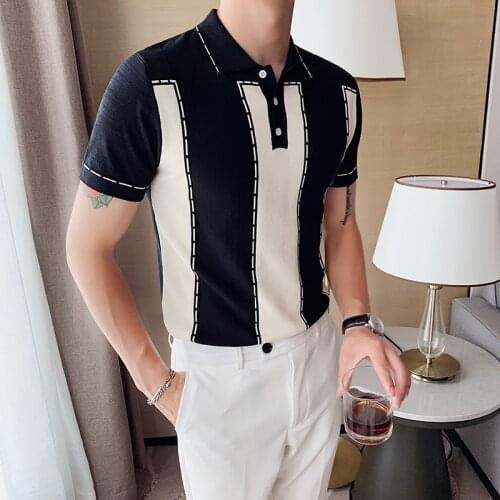 Shirt Knitted Polo Contrast Color British Slim Lapel Ice Silk Playera Polo Hombre Men 2020 Fashion Short Sleeved Polo Shirt Mens