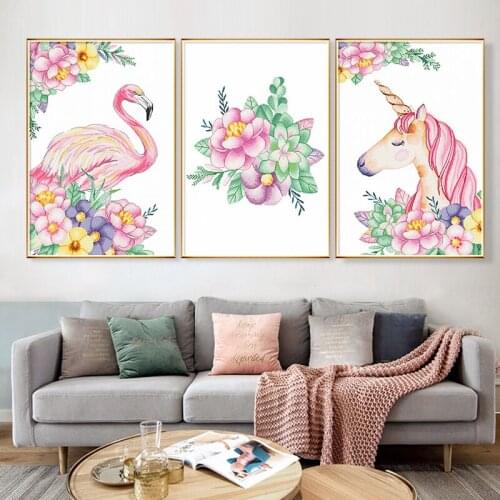 Stamped cross stitch kits Cute cartoon pattern with pink flamingo flowers and unicorns Used to decorate the daughter room