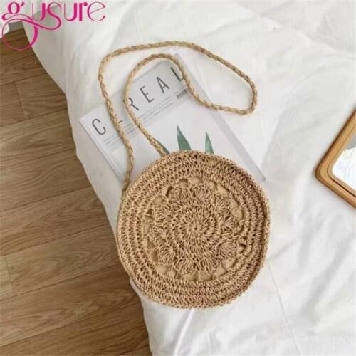 Gusure Hand-Weave Straw Bag Handmade Knit Hollow Flower Crossbody Bag Beach Soft Straw Beach Womens Messenger Bags INS Fashion