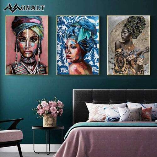 African Girl Blue Colorful Turban Black Woman Portrait Oil Painting Graffiti Art Canvas Posters and Prints Abstract Art Decor