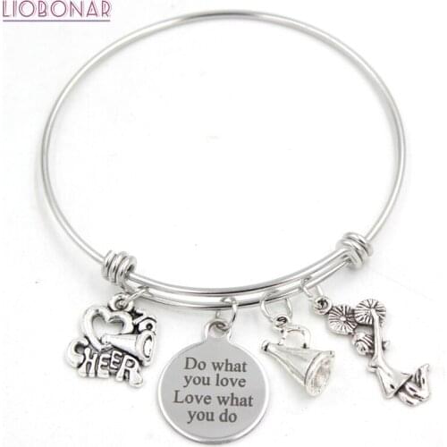 Cheerleader Gifts Jewelry I Love Cheering Megaphone Bracelets Cheerleader Bracelets for Women Pulsera Stainless Steel Bangles