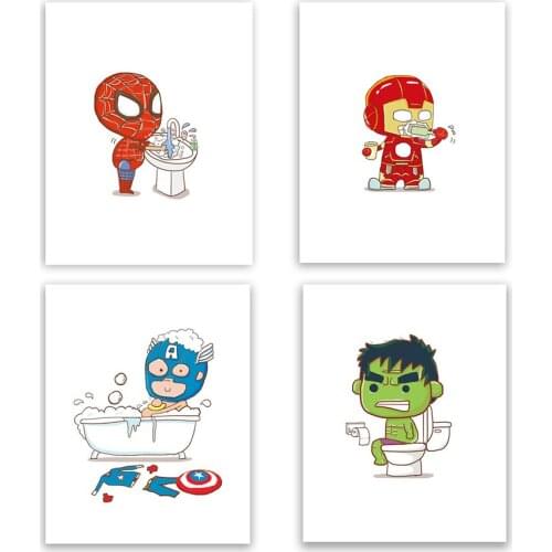 Funny Marvel Superhero Brushing Teeth Bathing Bathroom Cartoon Poster and Printmaking Canvas Painting Bathroom Mural Decoration