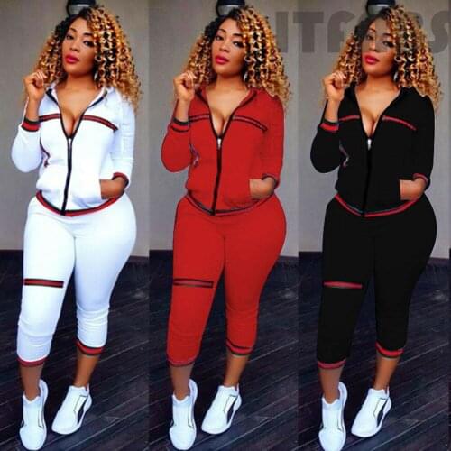 2021 Autumn Womens Sportswear 2pcs Womens Hooded Long Sleeve Zip Crop Tops Long Pants Trousers Loose Casual Clothes Set