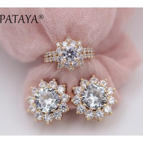 PATAYA New Arrivals White Sunflower Round Natural Zircon Earrings Ring Sets 585 Rose Gold Exclusive Women Luxury Wedding Jewelry