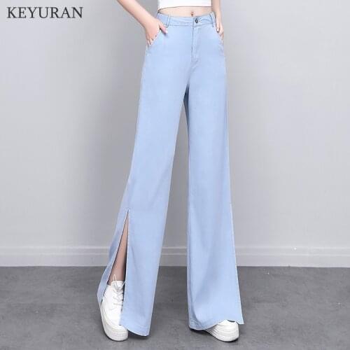 Ice silk summer Jeans for women thin Split trousers 2021 new y2k wide leg pants straight Jeans high waist loose jeans for girls