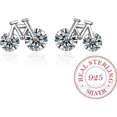 Luxury 925 Sterling Silver Women Jewelry Fashion Earrings Bicycle Zircon Style Stud Earings for Women Vintage Charm Girls Gifts