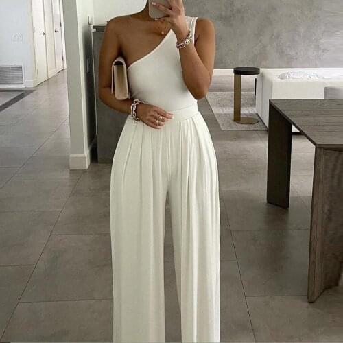 New One Shoulder Sleeveless Office Lady Jumpsuit Spring Ruched Wide Leg Pants Women Romper Summer 2021 Solid High Waist Overalls