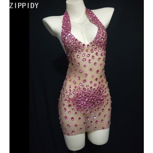 Pink Big Stones Backless MINI Dress Female Singer Dance Show Mesh Halter Outfit Evening Birthday Prom Celebrate Dress