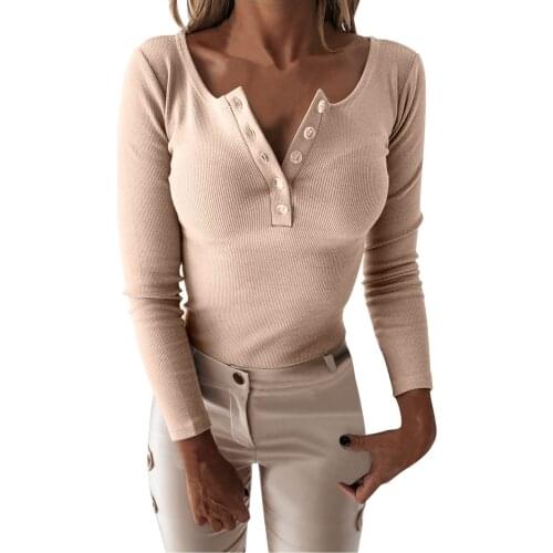 Button Womens Blouses Fashion Casual Loose Round Neck Rib Long Sleeve Girl Top Western Style Slim Fit Bottoming Lady Clothing