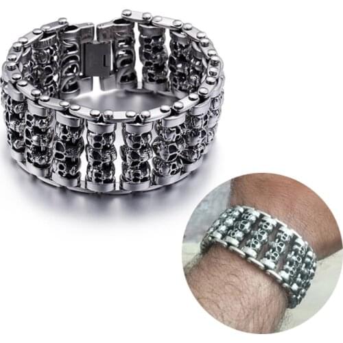 35mm Large Heavy Punk Rock 316L Stainless Steel Multiple Skull Heads Charm Bracelets For Men Biker Hand Chain Bracelet Jewelr